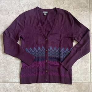 Eddie Bauer Women Fair Isle Cardigan Sweater Maroon Size M Cotton Machine Wash
